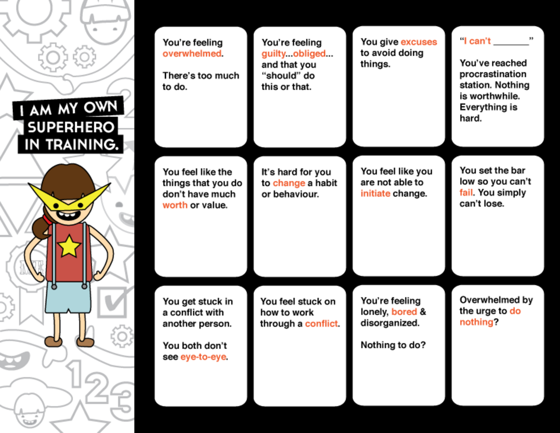 Side 1 of the action cards — a grid of ‘problem’ cards naming feelings such as feeling overwhelmed, guilty, or stuck, beside a superhero-in-training illustration
