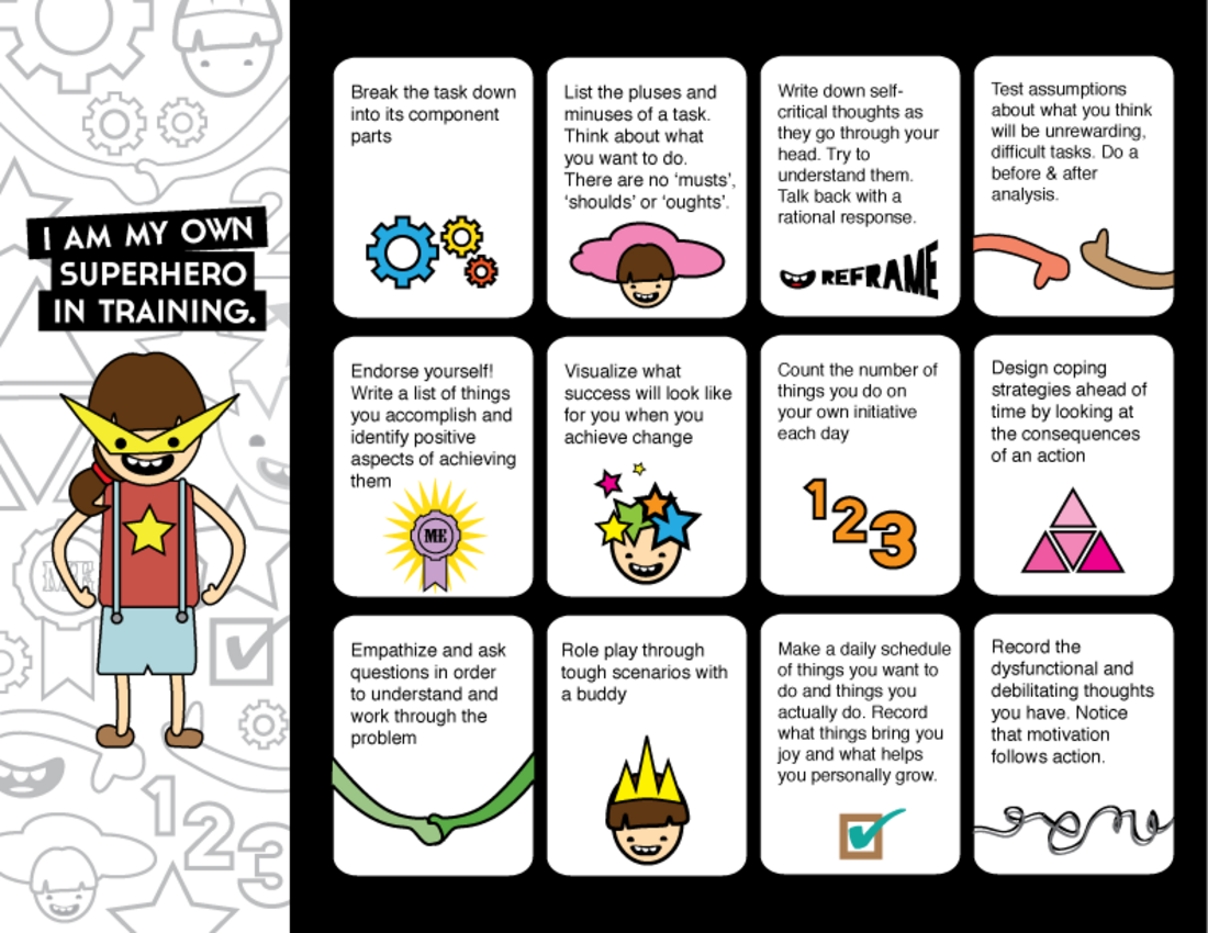 Side 2 of the action cards — a grid of ‘action’ cards suggesting practical CBT steps such as breaking a task into parts or reframing self-critical thoughts, beside a superhero-in-training illustration