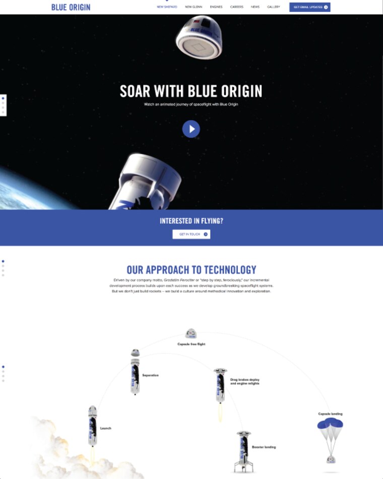 The current New Shepard web page, focused on the rocket and technology