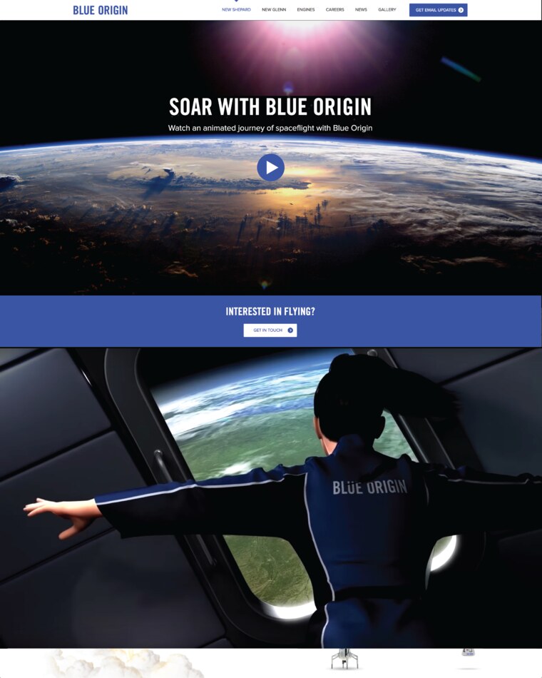 A re-imagined New Shepard web page focused on the astronaut experience, showing a view of Earth and an astronaut looking out