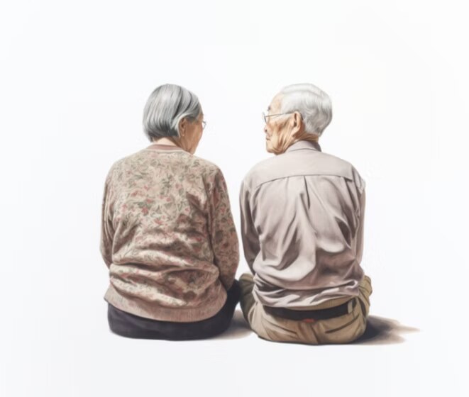 Two older adults sitting side by side, seen from behind