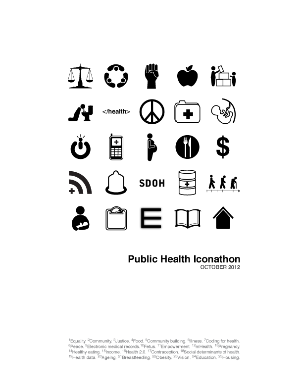 Summary poster of the Public Health Iconathon showing a grid of 25 black public health icons with a numbered legend