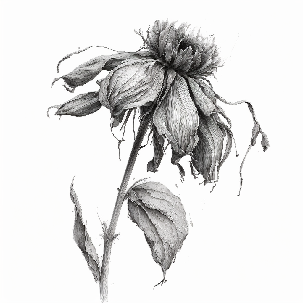 Black-and-white illustration of a wilting flower