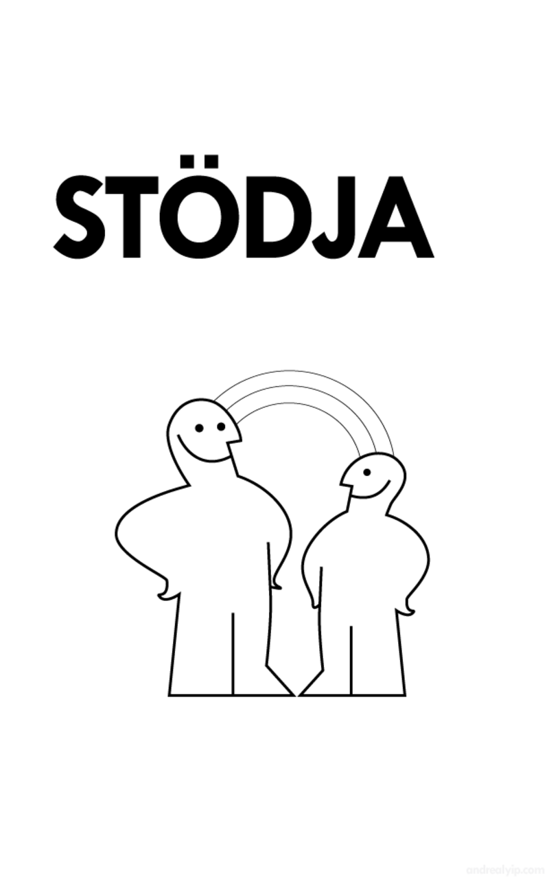 First page of the STÖDJA visual manual: IKEA-style panels showing encouraged responses to a person in distress