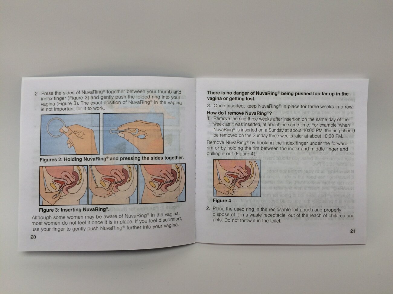 A page spread from the NuvaRing instruction booklet with dense text and small anatomical illustrations