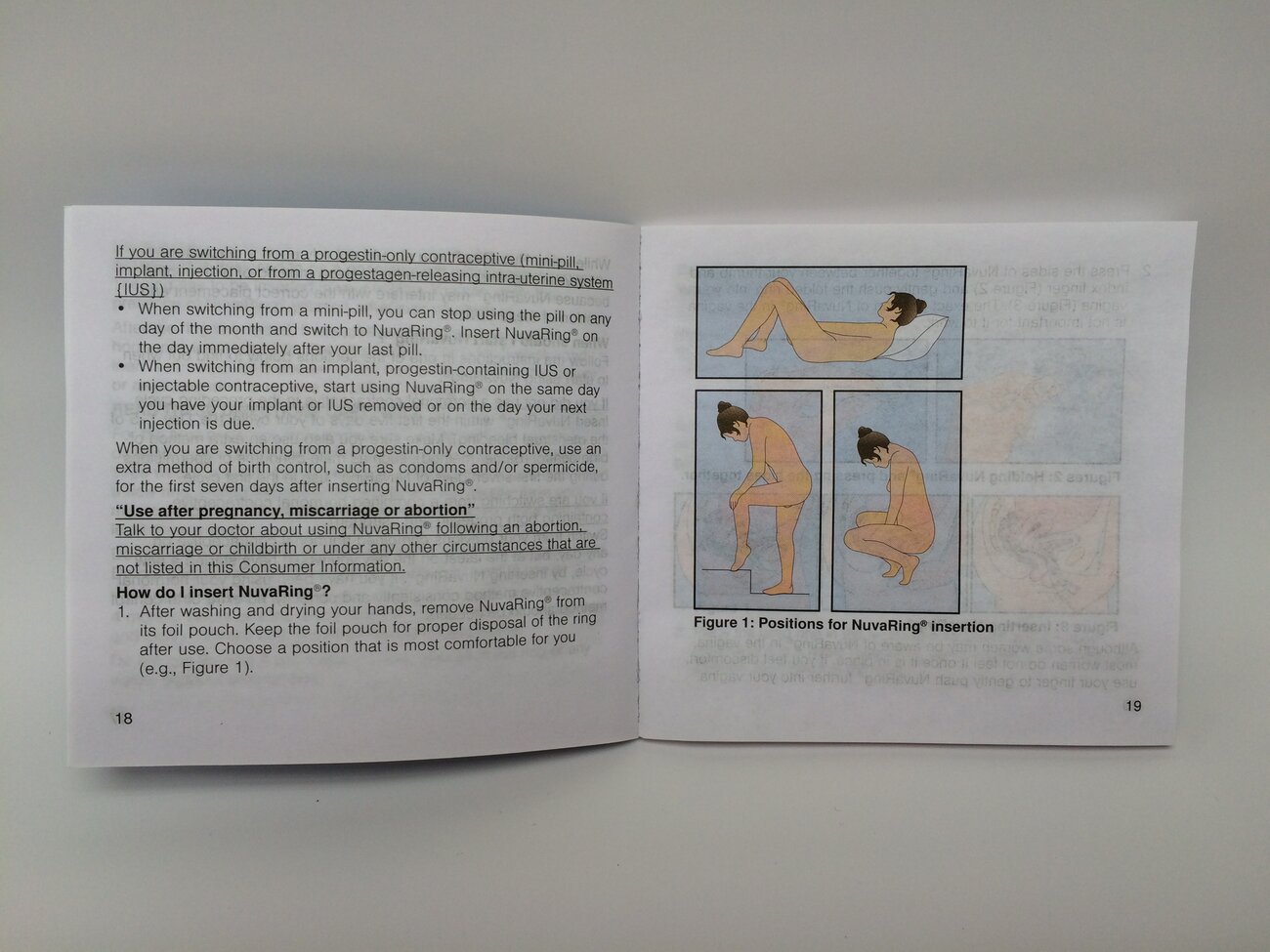 A page spread from the NuvaRing instruction booklet showing a nude figure in side profile and positions for insertion
