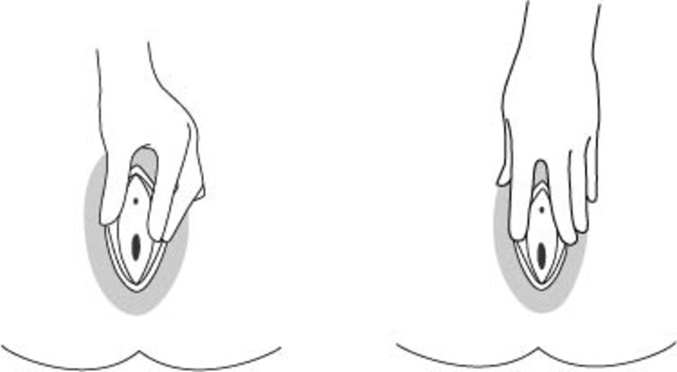 Two simple line diagrams of a hand spreading the labia: the hand position used for the redesign on the left, and a V-shaped finger spread on the right