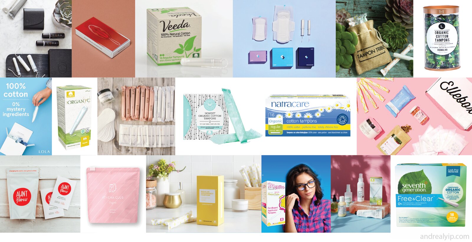 A grid of product photography and branding from many organic cotton menstrual product companies