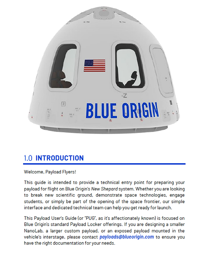 The introduction page of the Blue Origin New Shepard payload user guide, showing the crew capsule