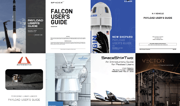 A collage of payload user guide covers from various commercial spaceflight companies