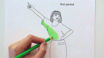 An animated clip of a hand coloring a page from the Period Coloring Book in green marker, captioned "first period"