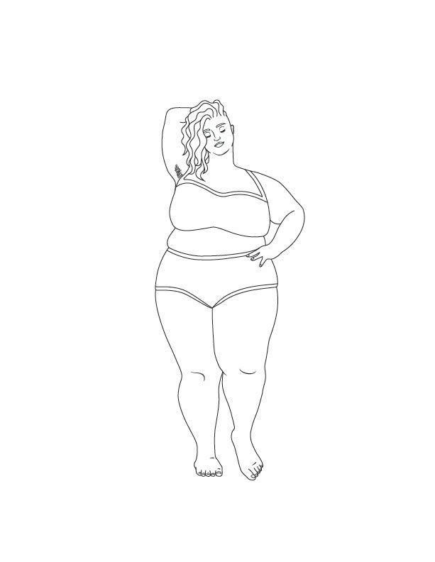 An animated line drawing from the Period Coloring Book of a woman standing with one hand in her hair