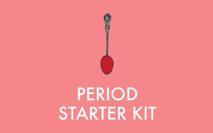 Illustrated title card reading ‘Period Starter Kit’ with an ornate spoon holding a drop of menstrual fluid