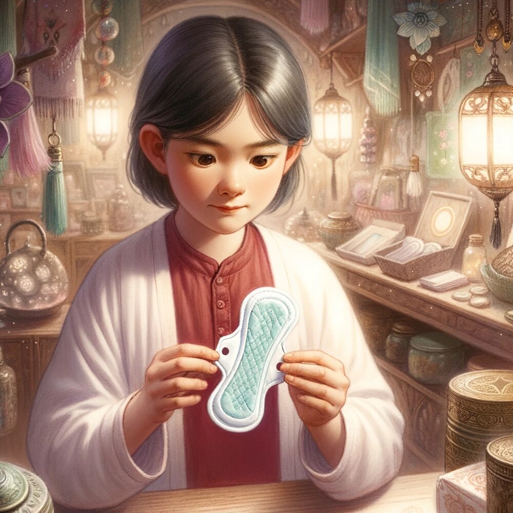 A young girl carefully examining a menstrual pad in an ornate shop
