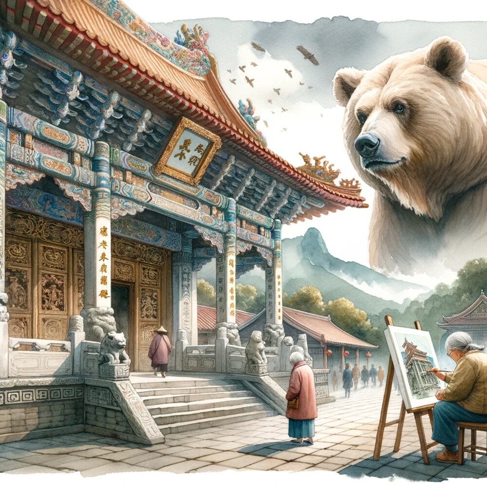 An elderly woman painting a Formosan bear at the gate of an old Taipei temple