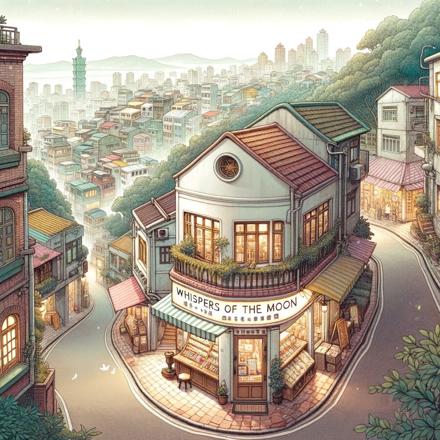 A whimsical cutaway illustration of a store called Whispers of the Moon