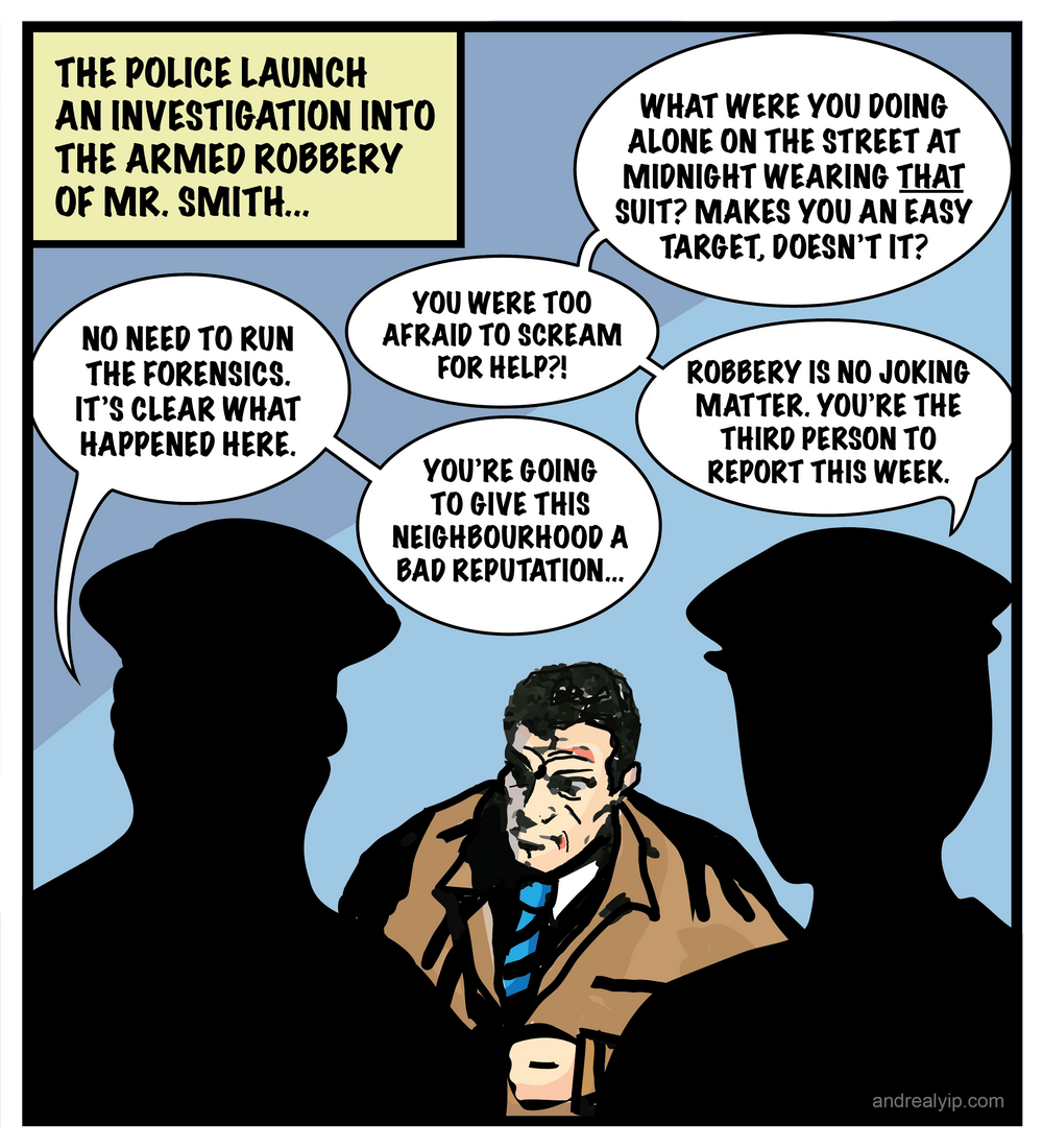 A comic in which police interrogate the victim of an armed robbery with the same victim-blaming questions used against sexual assault survivors