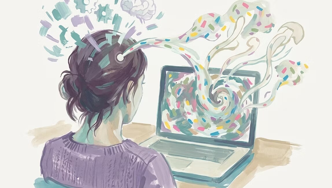 Illustration of a person at a laptop with colourful ideas streaming out of it