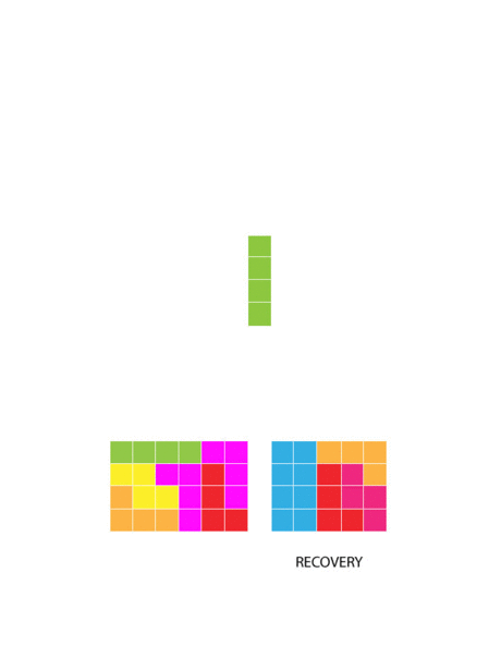 An animated Tetris illustration representing recovery, building from a single falling block into a full colourful structure